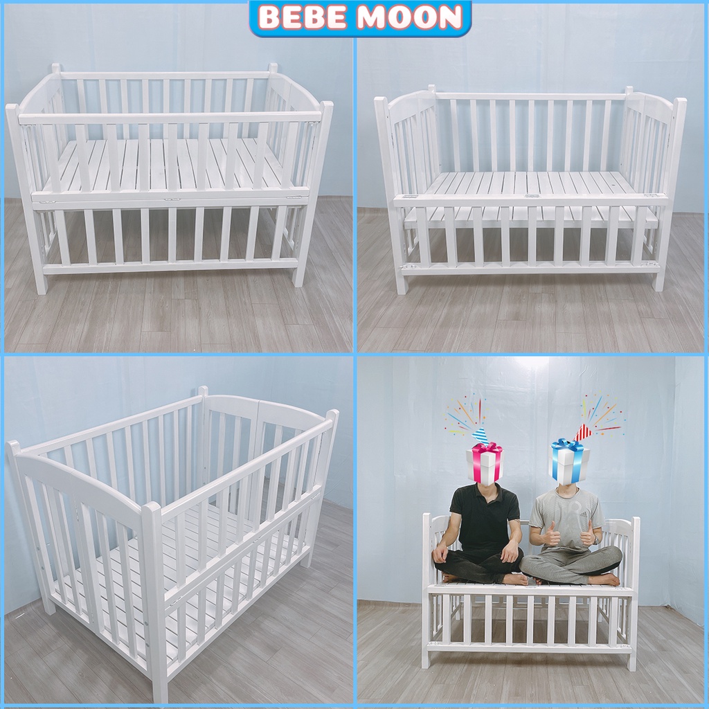 [Combo] Nôi Cũi, Giường Cũi Gỗ Quế Màu Trắng KT110x70x85 BH 6 Tháng BeBe Moon