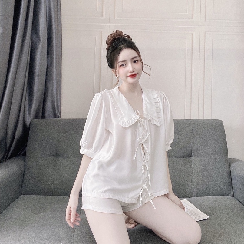 Đồ Ngủ Mặc Nhà Tay Ngắn Lụa Satin Cao Cấp Mềm Mịn Thoáng Mát Cột Dây Nơ Xinh Xắn Freesize - CN036 CINY | BigBuy360 - bigbuy360.vn