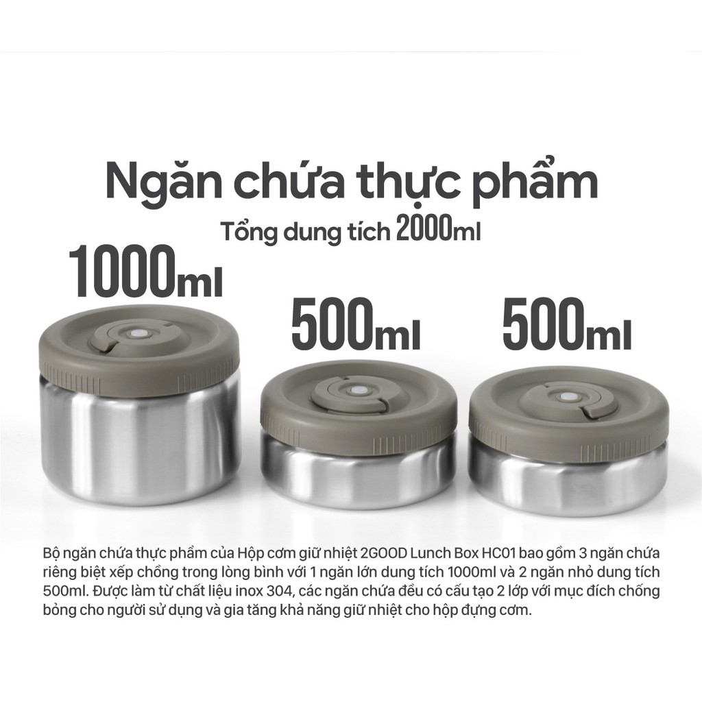 Bộ hộp cơm giữ nhiệt 2GOOD Màu Vàng  - Kèm Muỗng và Đũa Inox 304