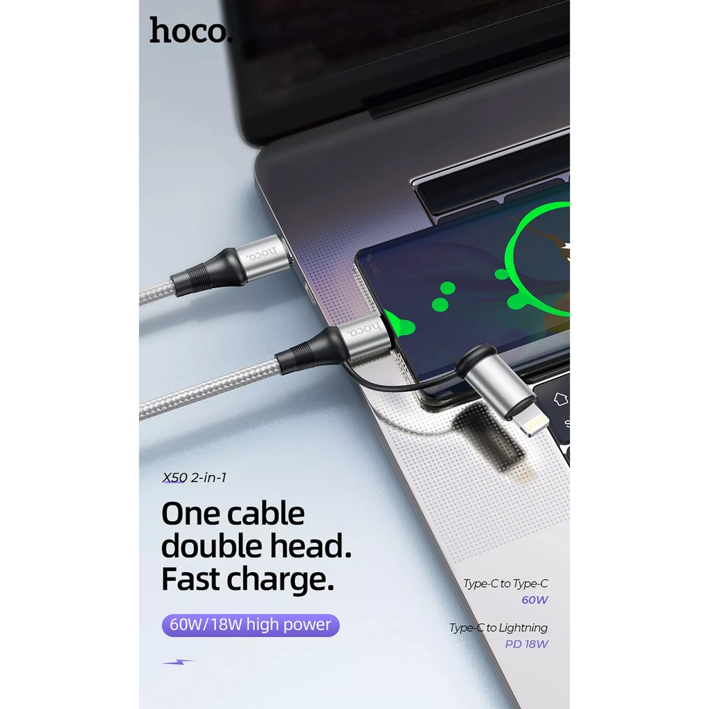 Cáp sạc Hoco X50 2 in 1 USB C to Type-c+ Lightning ( Type-C 60W/ Lightning 18W) dây dù chống đứt, dài 1m