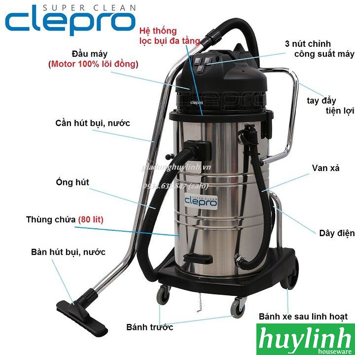 Máy hút bụi công nghiệp Clepro S3/80 - 80 lít - 3 motor