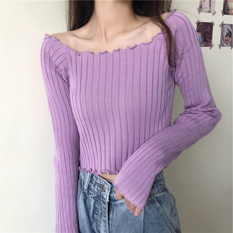 FLASH⚡SALE 9h-12h Áo Croptop Tay Dài Chất Len Tăm Mềm Mại Mát Trễ Vai Trẻ Trung Quyến Rũ- MSP T15