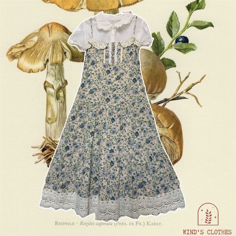 2hand Wind's Clothes 🌿 Váy xô Nhật hai dây viền ren hoa xanh vintage (không gồm áo trắng)