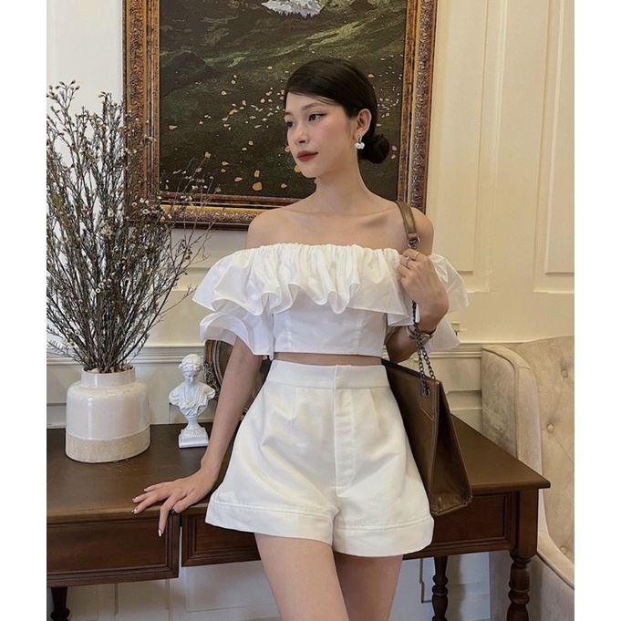 Set áo croptop trắng bèo trễ vai phối quần short trắng - KÈM HÌNH THẬT USA FASHION