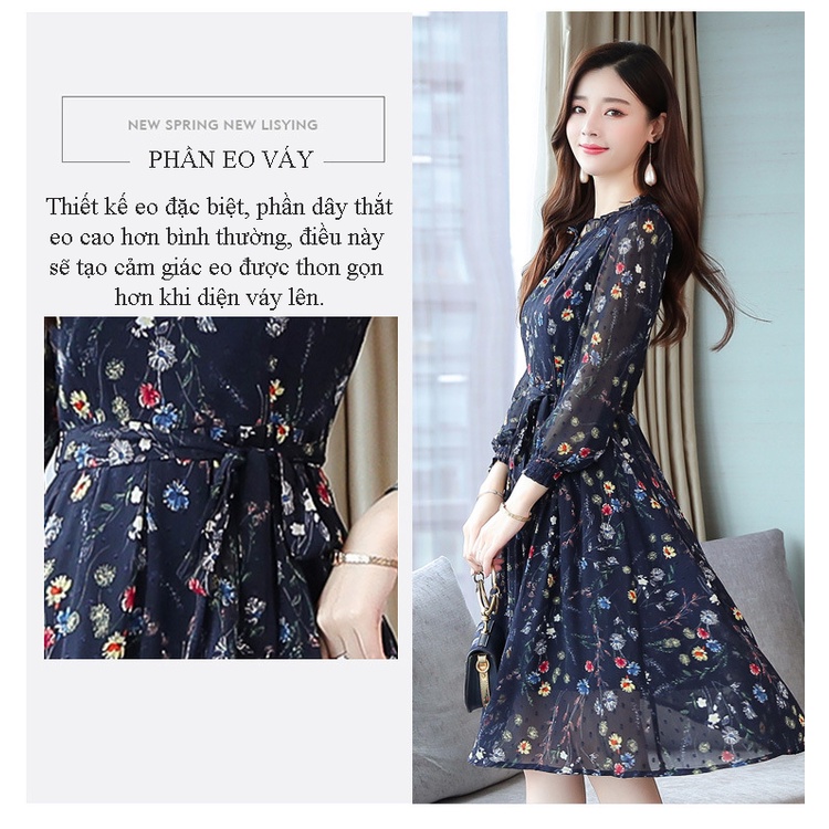 Váy trung niên sang trọng, thiết kế tay dài phong cách Hàn Quốc, vải voan mềm, mịn, mát phối hoa - WOBE Happy Mami - L78 | BigBuy360 - bigbuy360.vn