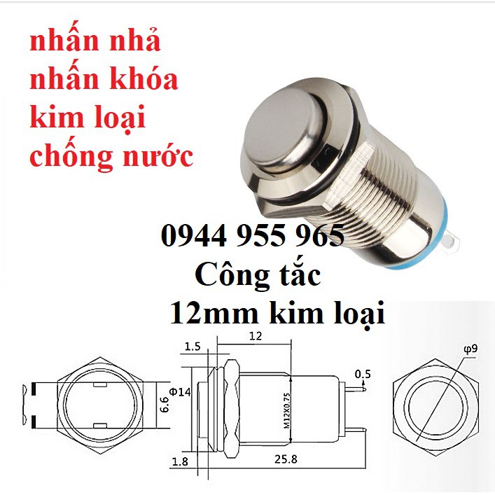 Công tắc kim loại 12mm, đầu cao, nhấn khóa nhấn nhả 12V 24V 220V ô tô