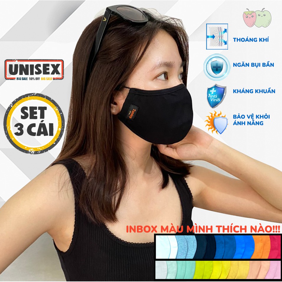 Khẩu trang vải kháng khuẩn DT Style - Set 3 chọn màu - ngăn bụi, chống nắng, màu đen, trơn, thời trang, hoạ tiết gym