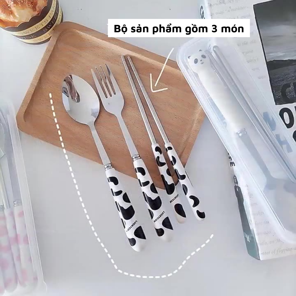 Bộ thìa đũa inox 304 gồm 3 món họa tiết bò sữa cán sứ cao cấp set thìa đũa cá nhân kèm hộp cực đẹp