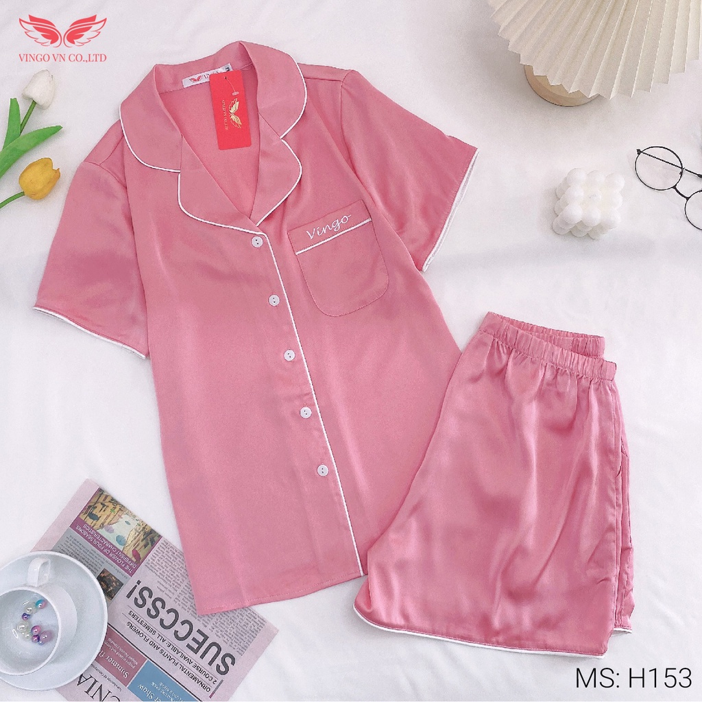 Bộ mặc nhà Pyjama nữ mùa hè VINGO Lụa Pháp trơn cao cấp tay cộc quần cộc phối viền trắng nhiều màu H153 VNGO - TCQC