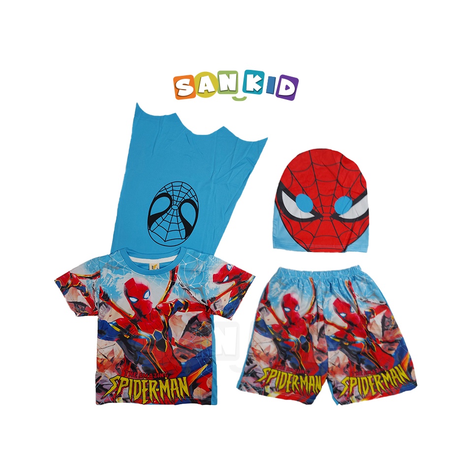 Bộ ngắn tay siêu nhân, siêu anh hùng Spiderman có áo choàng và mặt nạ cho bé trai từ 7kg-19kg,