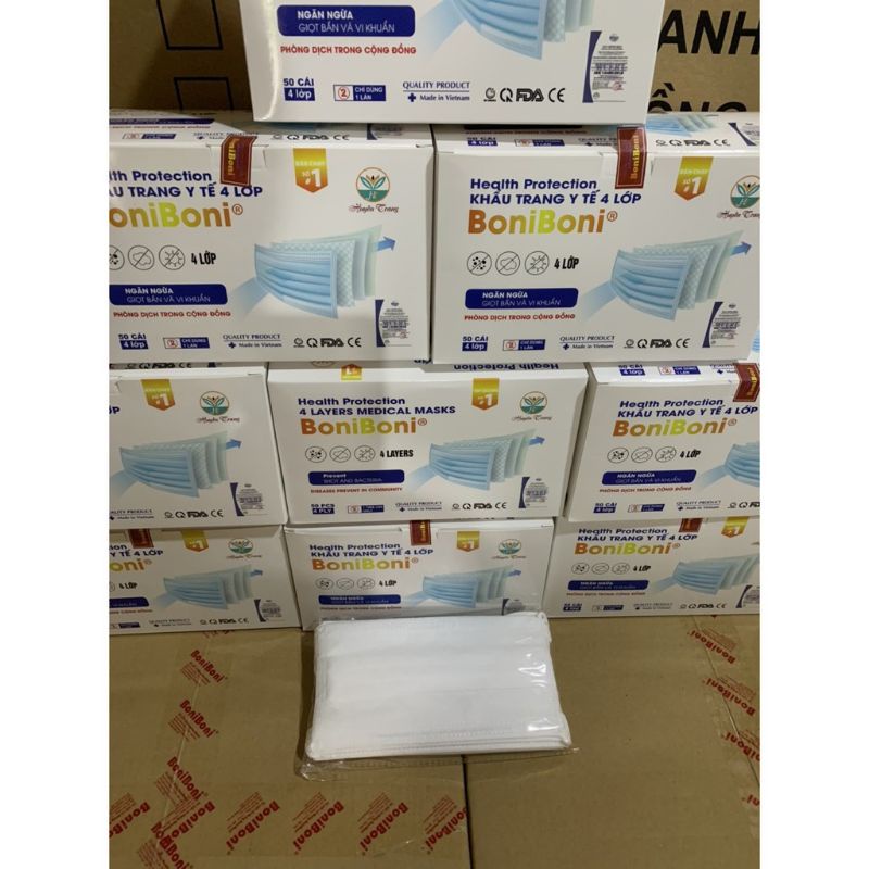 Khẩu trang y tế 4 lớp kháng khuẩn cao cấp ngăn bụi phòng dịch hộp 50 chiếc Boni Boni KT01