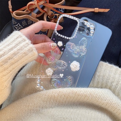 For iphone 14 pro max Ốp điện thoại trong suốt họa tiết hoa và bướm cho for  iPhone 13 Pro Max Xsmax 7 8plus X Xr 11 12 11pro 12promax