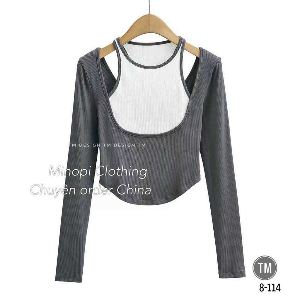 Áo thun nữ phối yếm dáng croptop chất thun gân kiểu tay dài