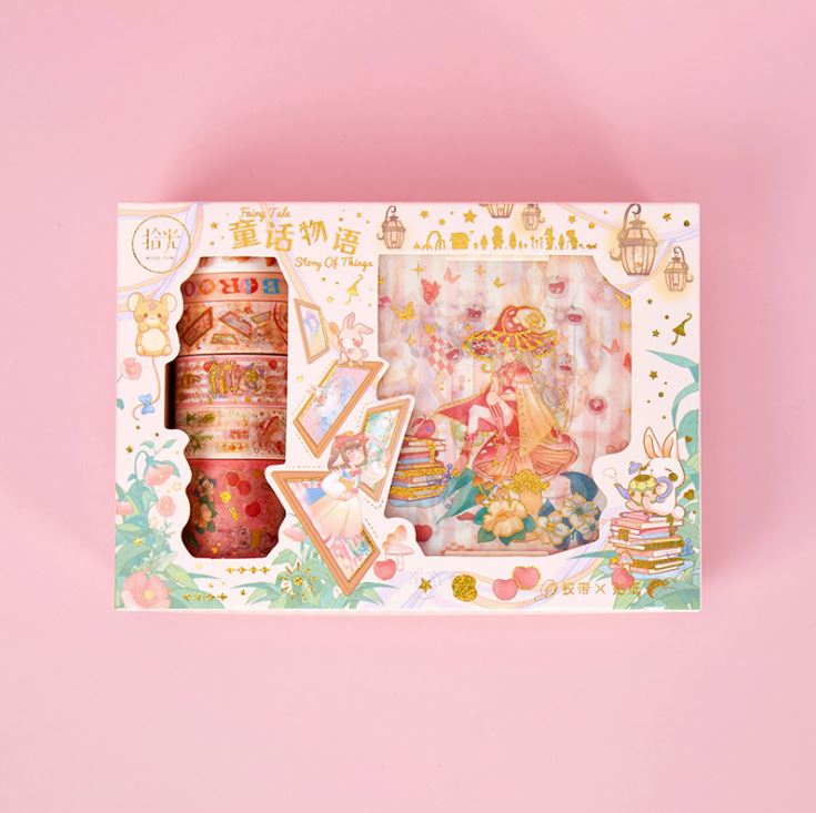 Bộ 6 băng keo Washi và 6 Tấm miếng dán Sticker Trang Trí Fairy Tale