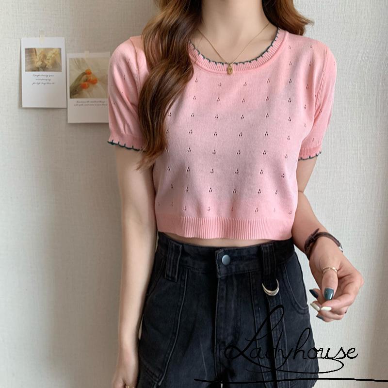 Áo Croptop Dệt Kim Tay Ngắn Cổ Tròn Màu Sắc Tương Phản Thời Trang Cho Nữ