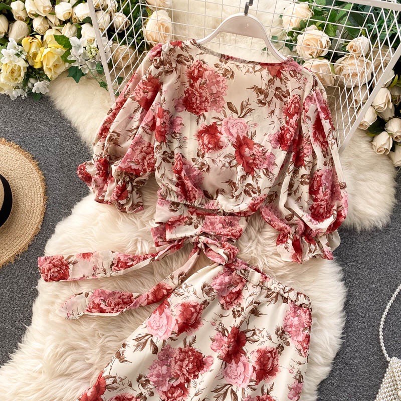 Set áo croptop cổ V thắt nơ eo và chân váy đuôi cá xoè nhíu thân nhún bèo đi biển đi chơi đi dạo