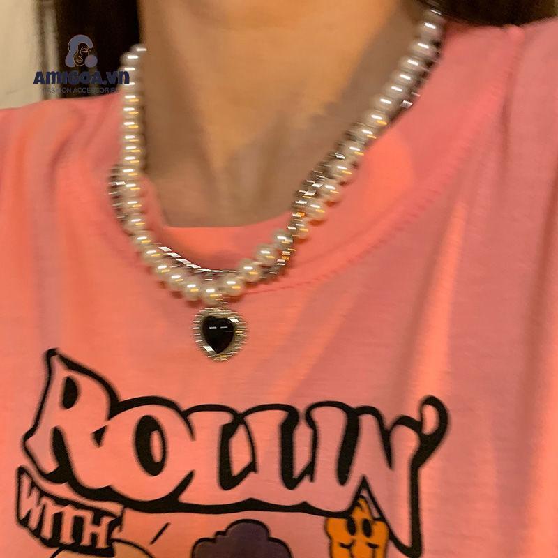 ✨✨Vòng cổ Hai Lớp Mặt Hình Trái Tim Màu Đen Đính Ngọc Trai Phong Cách Hip Hop Cổ Điển Thời Trang Cho Nữ