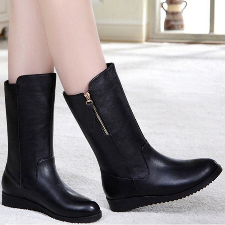 [CÁ TÍNH_FREESHIP] Giày boot ống nữ cổ lửng dây kéo vàng, bốt ống cổ trung sành điệu, mang ngoài quần rất đẹp