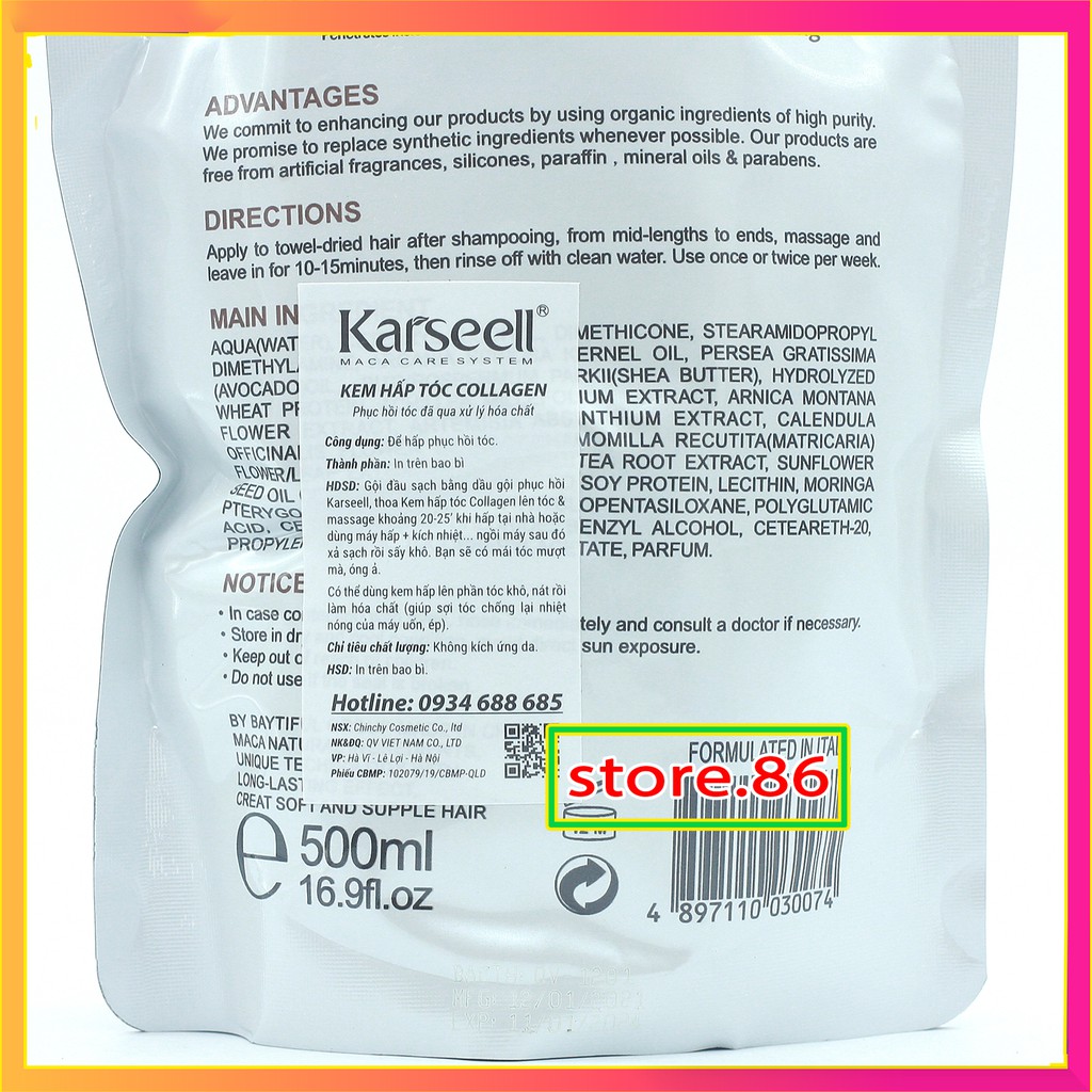 Ủ toc collagen phục hồi tóc kem ủ hấp tóc collagen karseell maca ủ tóc siêu mềm mượt hũ – túi 500ml chính hãng