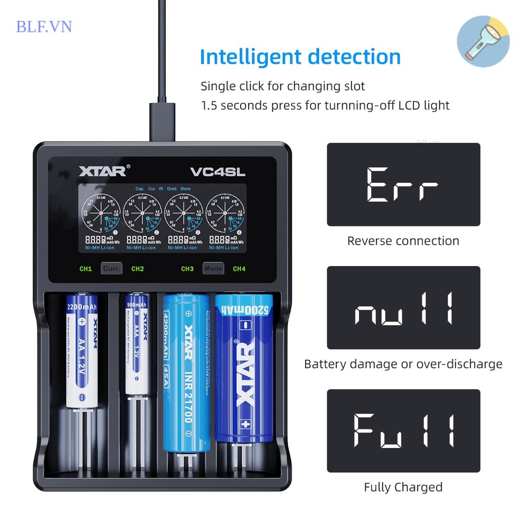 Bộ sạc XTAR VC4SL USB type C QC3.0 Sạc Nhanh 1.2V AAA AA Lithium 18650 21700 26650