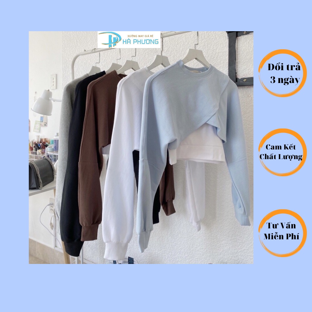 Set áo croptop tay dài cotton bánh bèo, áo kiểu nữ 2 dây kèm khoát form rộng họa tiết trơn siêu đáng yêu dễ mặc ulzzang