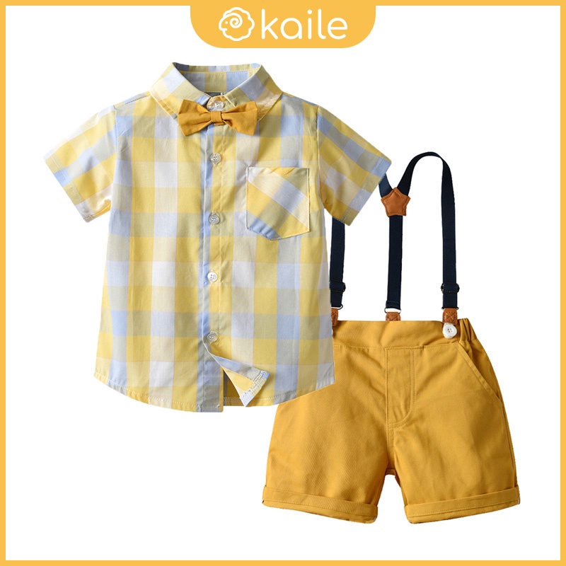 1-6 tuổi / bé trai áo sơ mi kẻ sọc color-block / bộ vest quý ông thắt nơ vàng / trang phục tiệc sinh nhật / quần áo trẻ em kaile
