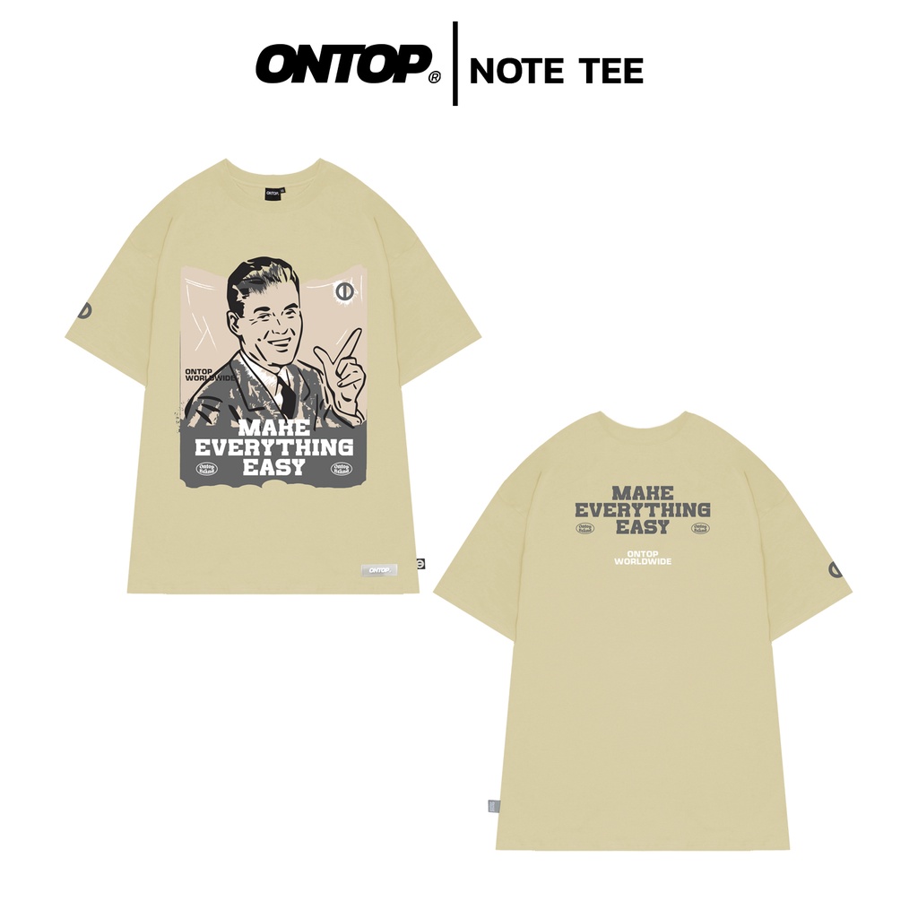 Áo thun local brand chính hãng tay lỡ form rộng nam nữ màu be ONTOP - Note O18-T7
