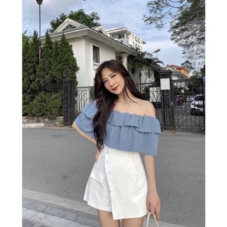 set cv trắng lệch tà áo xanh bẹt vai 10883