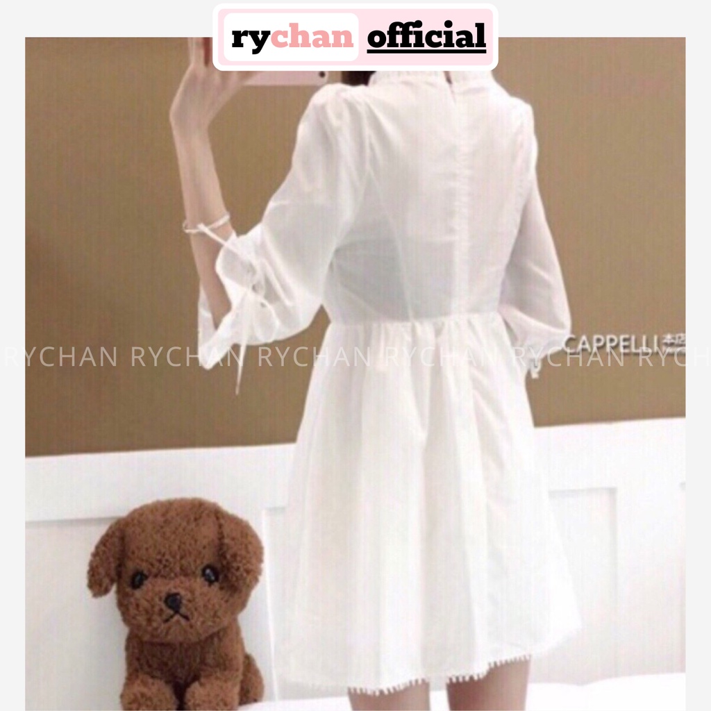 DX555 - Đầm Xòe Form Babydoll Trắng Phối Tay Nơ