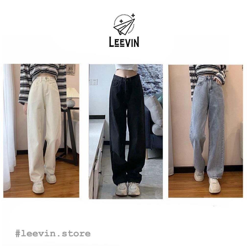 Quần Jean Ống Rộng Suông Lưng Cao Nữ Ulzzang - Kiểu quần bò ống đứng cạp cao màu đen trắng xanh Leevin Store !