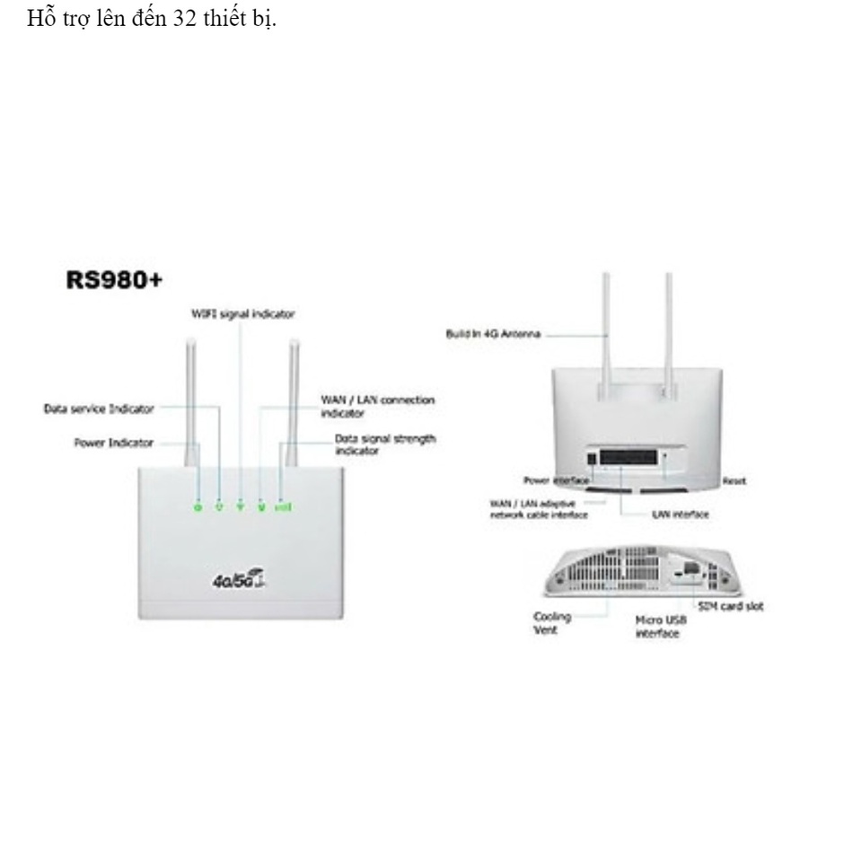 BỘ PHÁT WIFI TỪ SIM 4G CPE RS980 PLUS - 2 ANTEN - KẾT NỐI 32 USER - HỖ TRỢ 4 CỔNG LAN