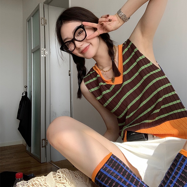 Áo Dệt Kim Cổ Chữ V Họa Tiết Kẻ Sọc Màu Sắc Tương Phản Thời Trang Mùa Hè Cho Nữ