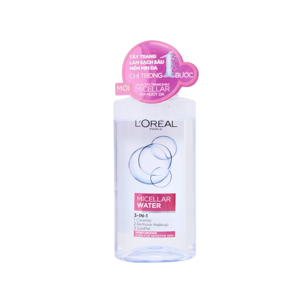 Nước tẩy trang Loreal paris 3 in 1 micellar water 95ml Moisturizing màu hồng cho da khô