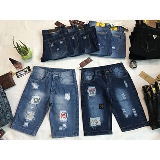 [Nhập mã THOIM5 để giảm giá 5K] Quần short bò rách chấp vá ông thần tài đánh đàn, blue 3sao