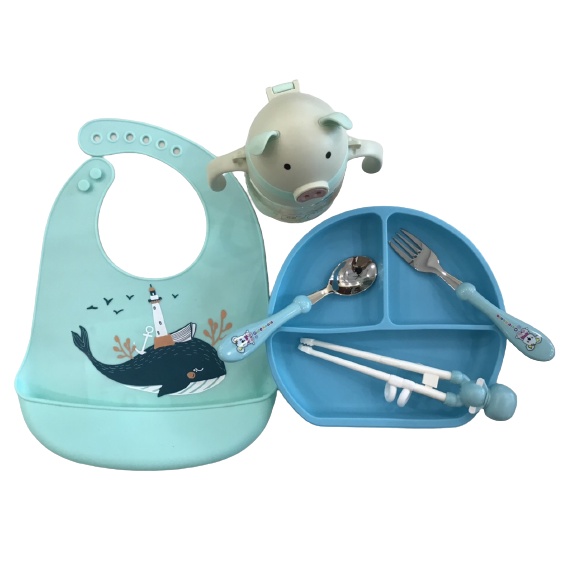 Khay ăn dặm cho bé bằng Silicon có đế hít chống đổ kèm thìa , dĩa, đũa tập ăn cao cấp