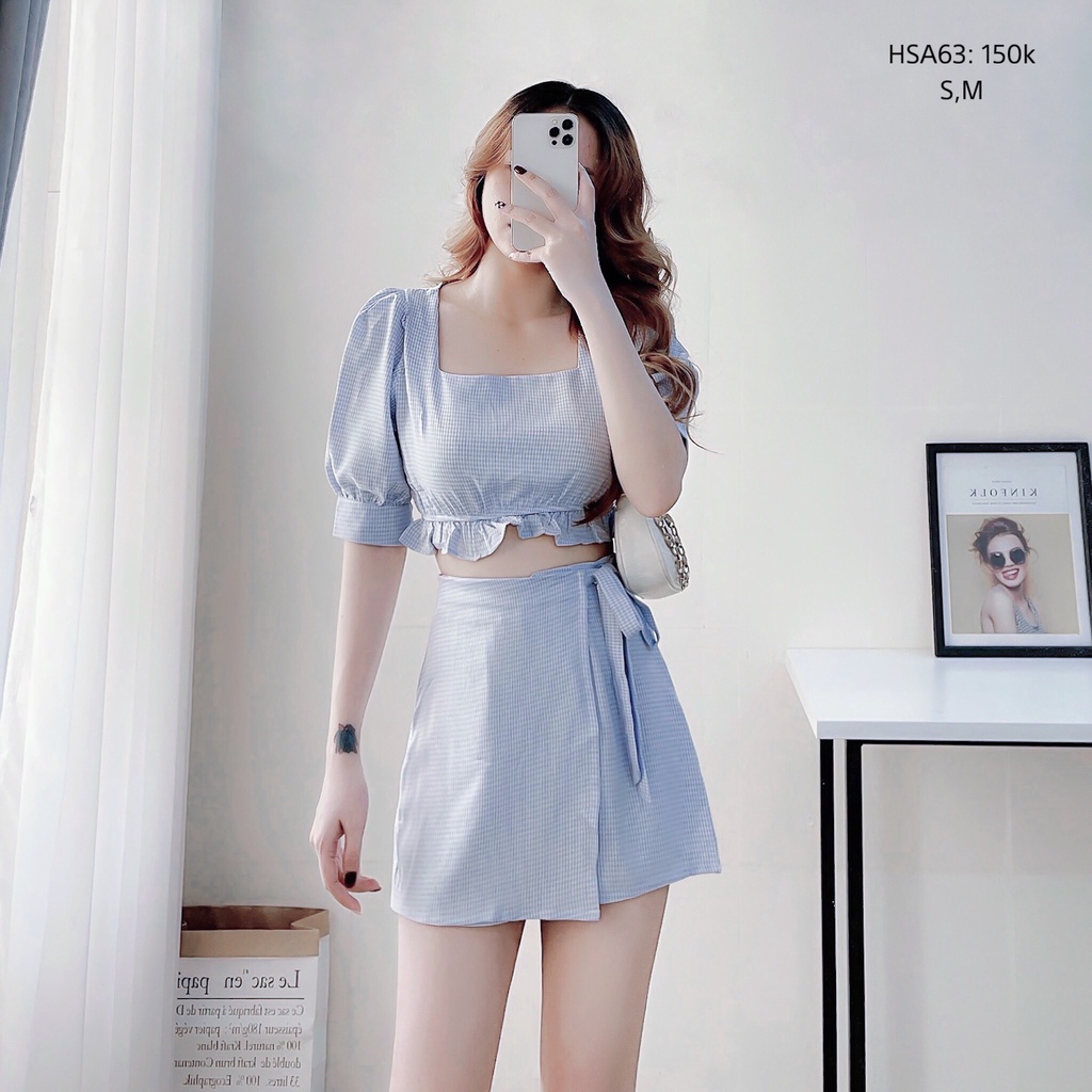 Set áo crop bèo lai quần váy chữ A vải dày dặn 2 lớp phong cách thời trang Hàn Quốc CHIBEST HSA63