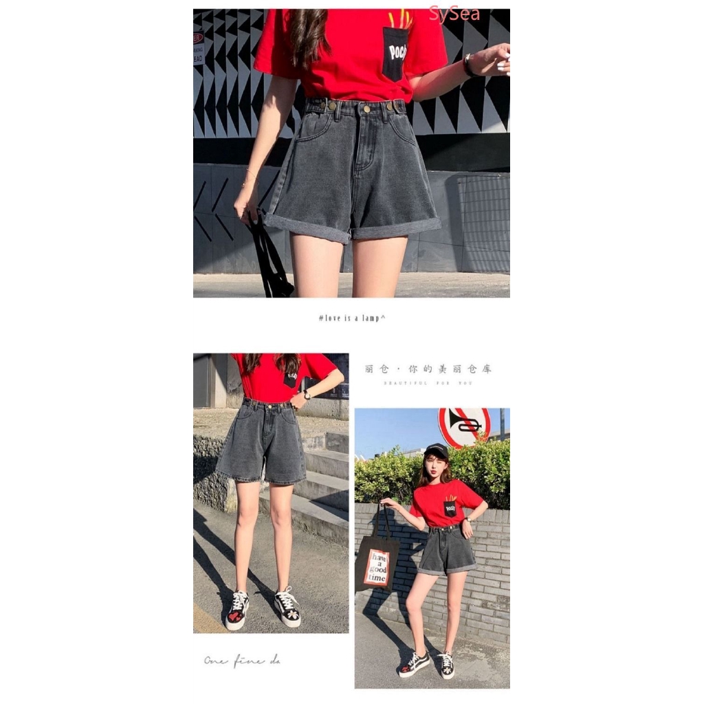 Quần Short Jean Lưng Cao Ống Rộng Thời Trang Mùa Hè Cho Nữ