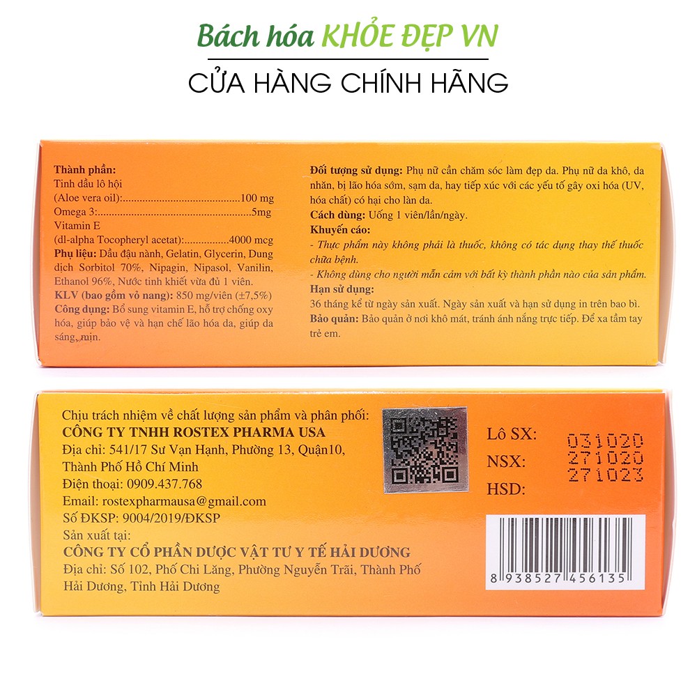 Viên uống đẹp da Vivita E Vàng bổ sung Vitamin E, Omega 3, tinh dầu nha đam - Hộp 30 viên | BigBuy360 - bigbuy360.vn