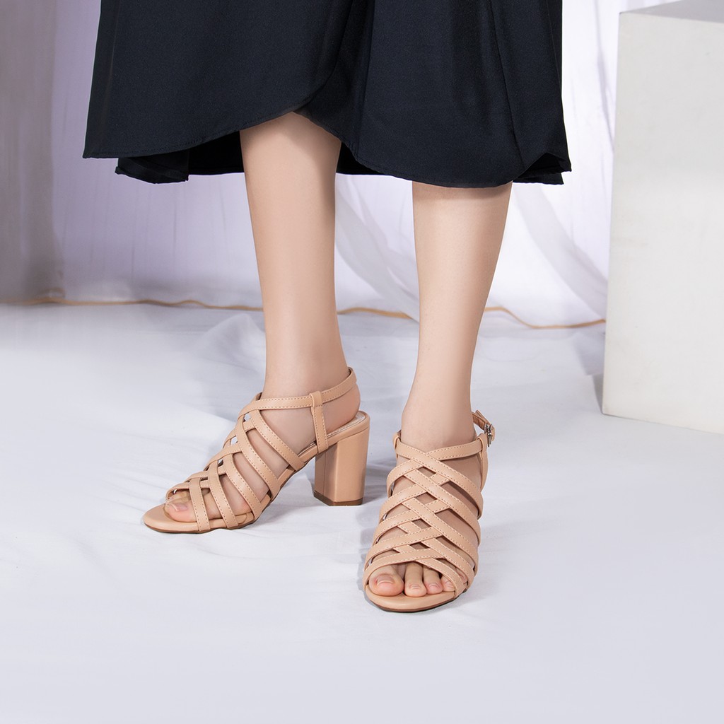 Giày Sandal Chiến Binh Gót Cao Đế Vuông 7 Cm Mũi Tròn Thời Trang Nữ Trẻ Trung 3 Màu Đen, Trắng, Kem