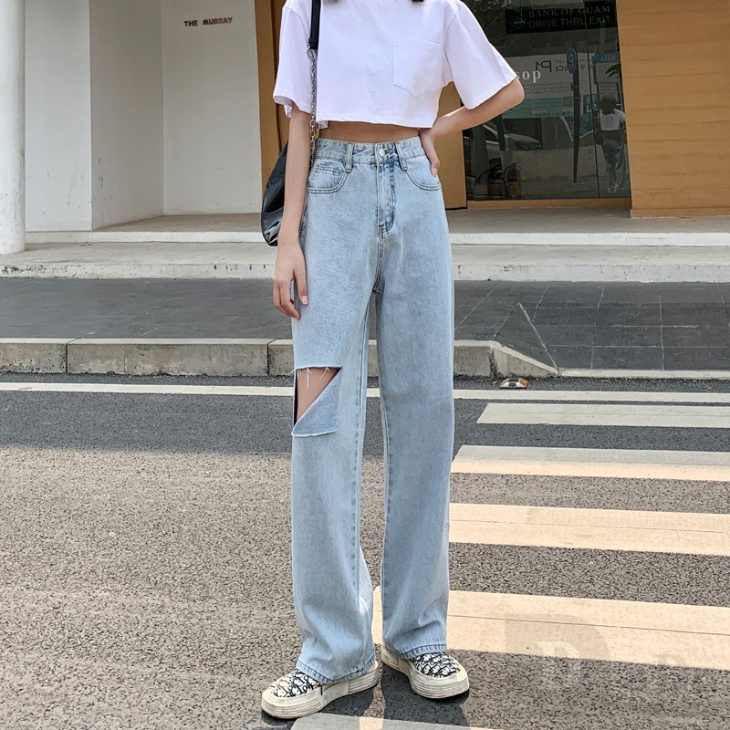 Quần Jeans Dài Rách Gối Thời Trang Dành Cho Nữ