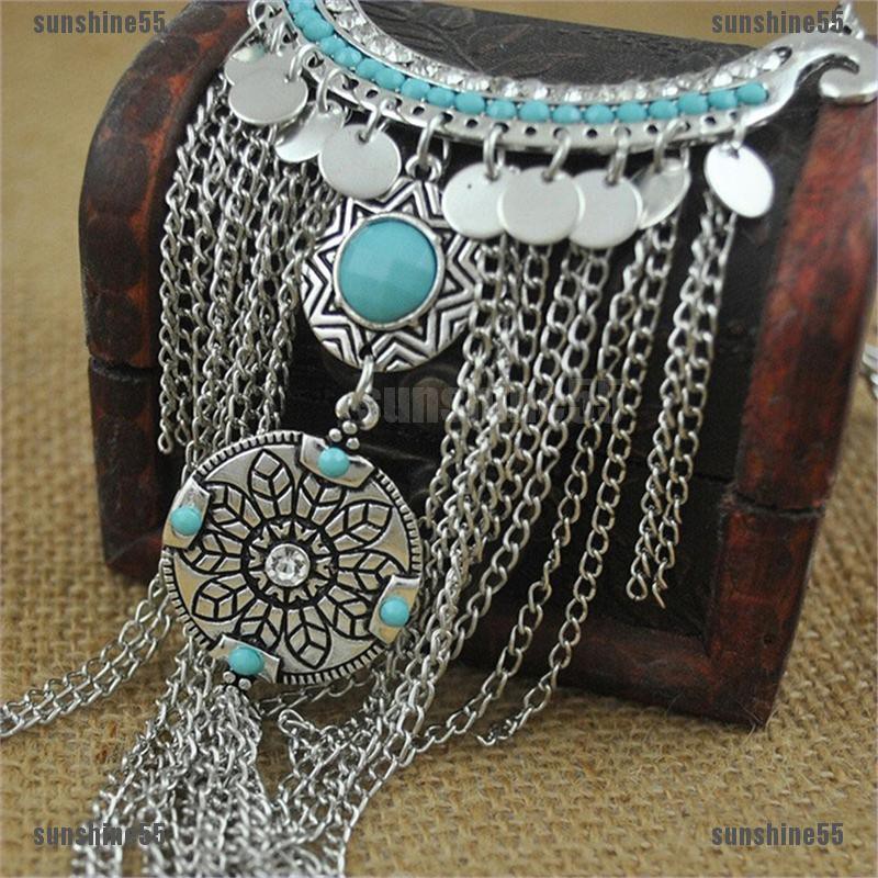 Vòng Cổ Choker Dài Tua Rua Ngọc Lam Phong Cách Bohemian Gypsy Cổ Điển
