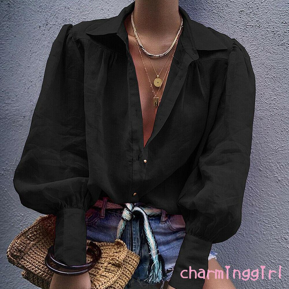 Áo sơ mi tay phồng màu trơn thời trang cá tính cho nữ