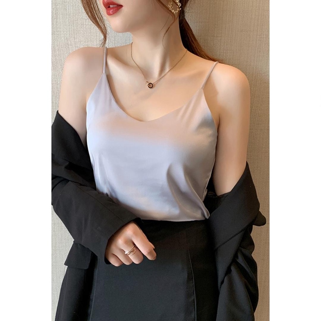 Áo hai dây lụa MACDOME cổ tim thiết kế chất lụa satin cao cấp mặc trong vest, blazer AD002