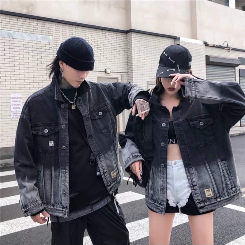 Áo khoác jeans đen xám phối 2 màu thêu chữ sumisu shop