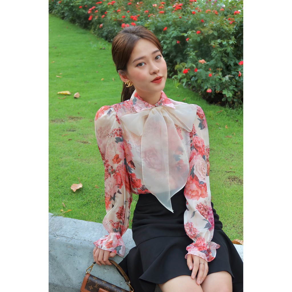 Sơ mi lụa hoa nơ rời -HBSM755hoa