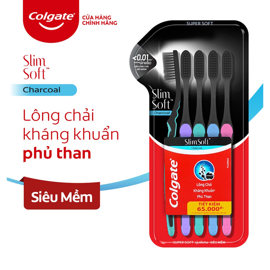 [HB gift] Bộ 5 Bàn chải đánh răng Colgate than hoạt tính kháng khuẩn SlimSoft Charcoal mềm mảnh