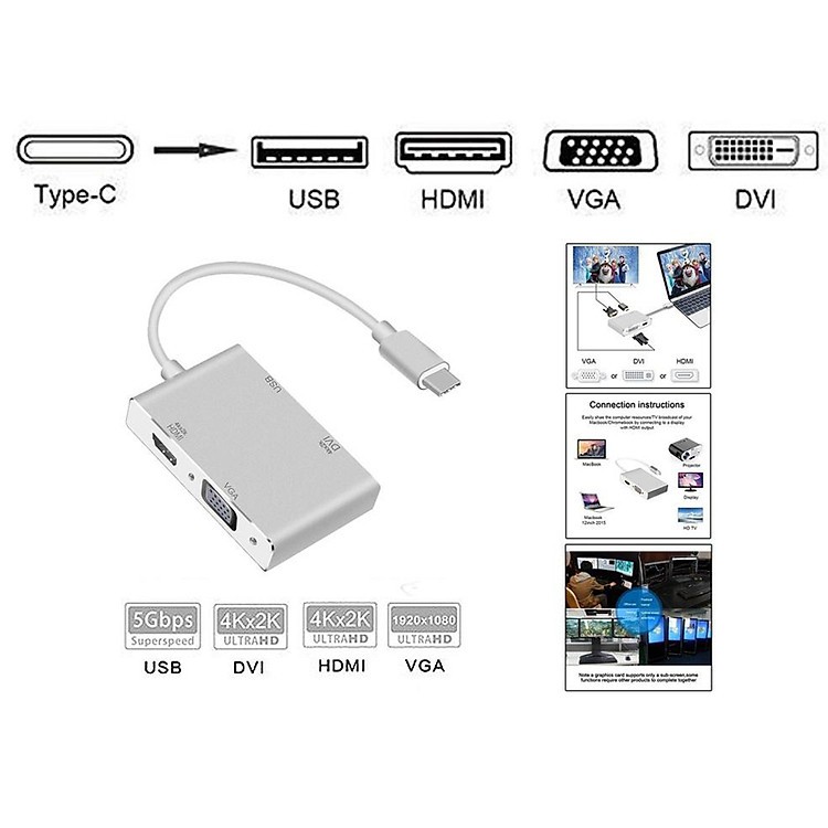 Cáp 4 in 1 chuyển đổi typeC sang HDMI/ VGA/ DVI/ USB - hỗ trợ FullHD (nhiều màu)