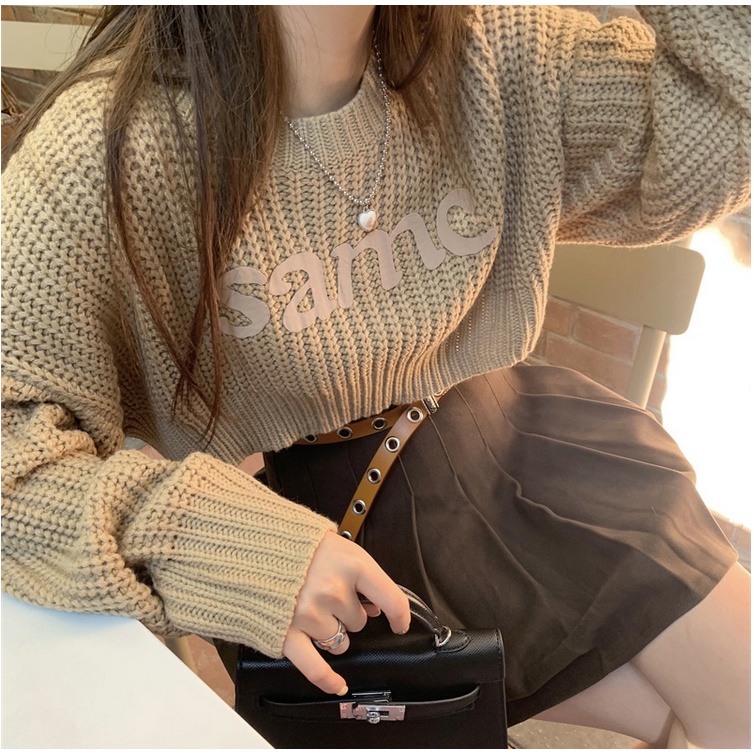 Áo Len Croptop Sweater Dệt Kim Tay Dài Dáng Rộng Thời Trang Mùa Thu Đông