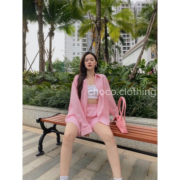 Set Somi năng động cá tính trendy TAY DÀI gồm áo somi sọc tay dài và quần short sọc