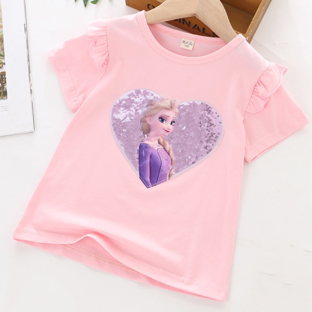Áo phông cho bé gái Elsa Công Chúa Thun Tay Ngắn Cổ Tròn In Hình Thời Trang 2-8 tuổi